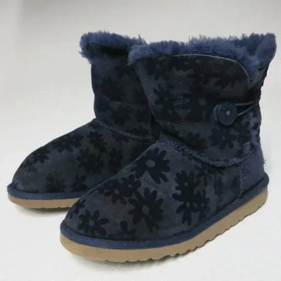 Ugg Australia Bailey Girls Button Flowers Boots Navy Footwear 1016950K Size 4 - Picture 6 of 6